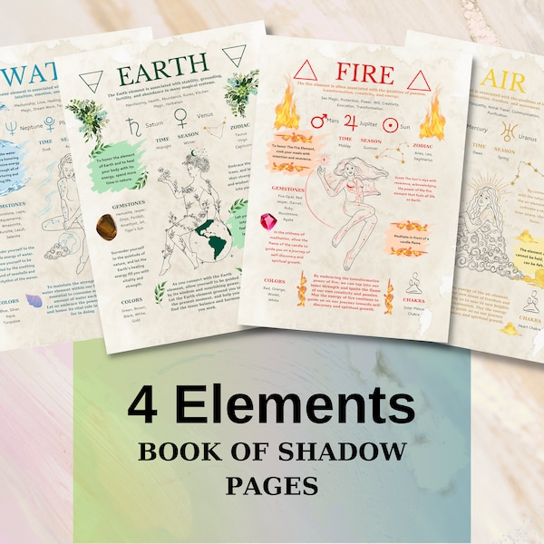 Four Elements Grimoire Pages - Witch Printables Book of Shadows - Air Fire Water Earth Reference for Manifest / Spell Practice