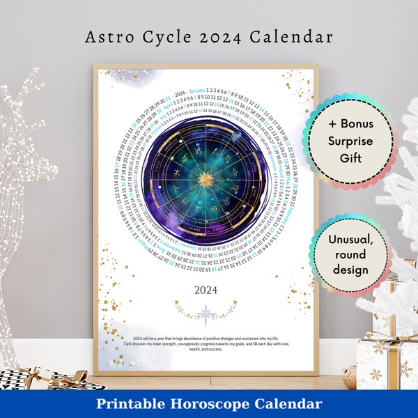 Astro Cycle 2024 Yearly Calendar Wall Art Printable - Astrological Zodiac Planner - Watercolor Galaxy Mystical Gift - Wicca Witch Circular