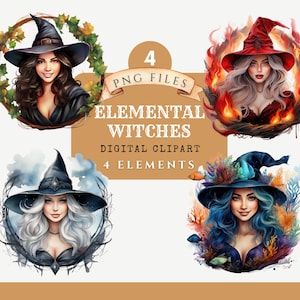 Watercolor Elemental Witch Magical Clipart PNG, Wiccan Fantasy Fairytale Wicca Illustrations, Scrapbook Junk Journal, Commercial Use Digital