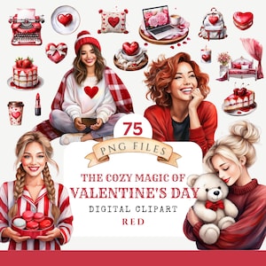 Clipart de San Valentín, Acuarela acogedora magia de rojo PNG, Planificador wiccano, San Valentín literario, Feliz San Valentín, Pegatinas digitales, Uso comercial