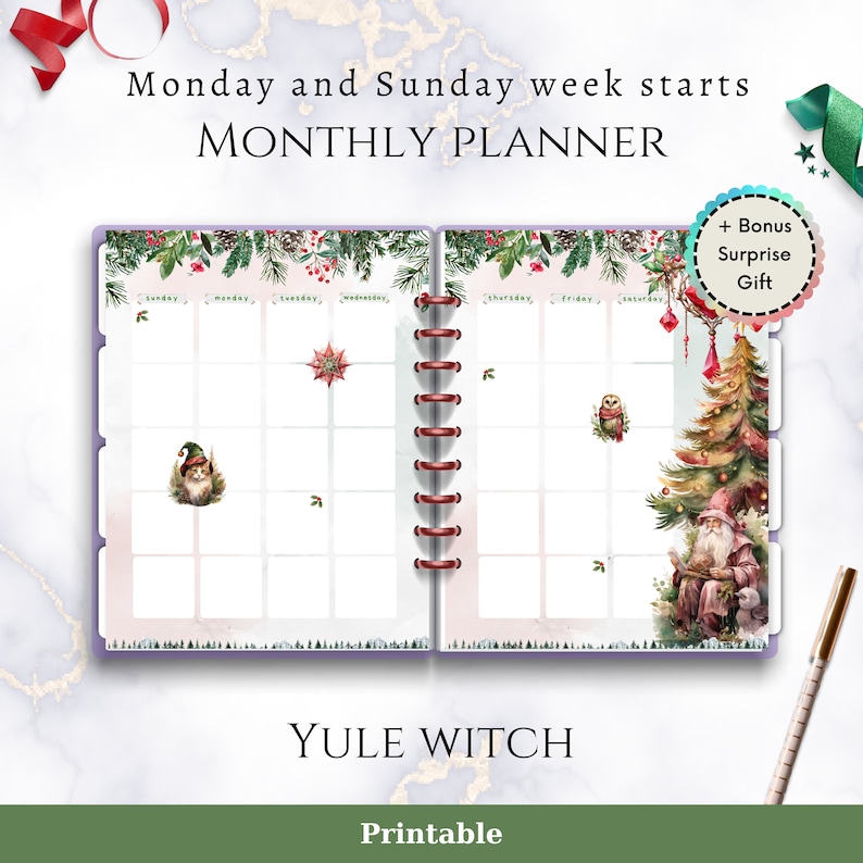 Yule Witch Monthly Planner Printable Monday / Sunday Week Starts Happy ...