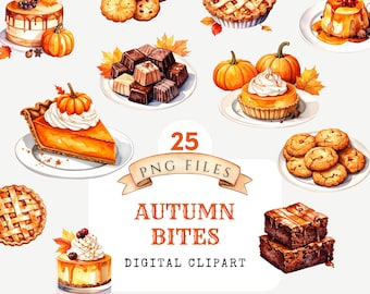 Imágenes prediseñadas de postres otoñales en acuarela: 25 imágenes PNG de postres y pasteles de otoño (descarga digital)