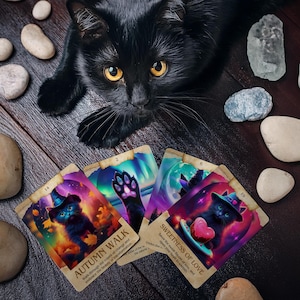 Cartes Oracle chat noir, jeu de divination imprimable sorcière avec guide, cartes esprit animal mystique Vol I, outils spirituels pour sorcières