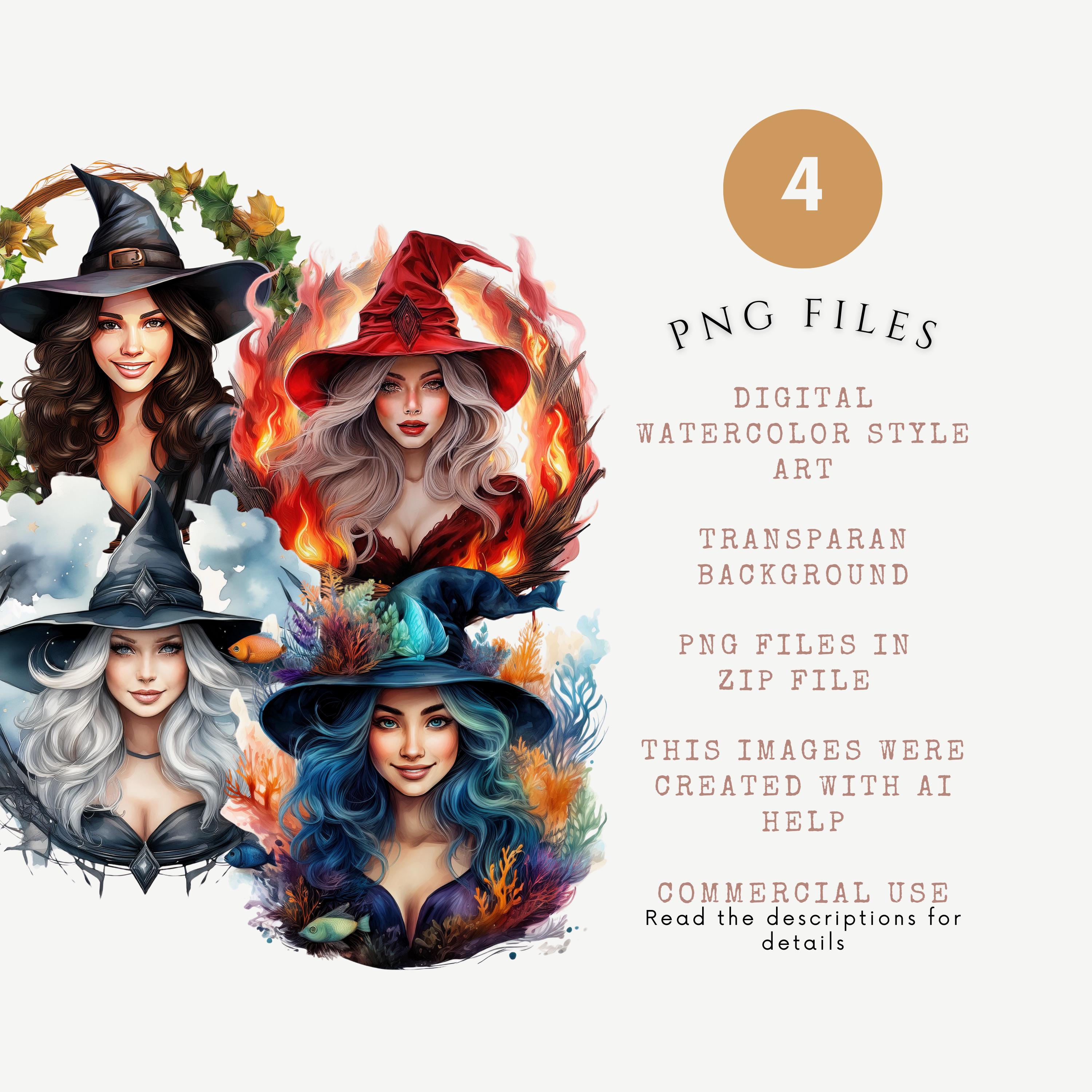 Watercolor Elemental Witch Clipart: Fantasy Wiccan PNG (digital ...