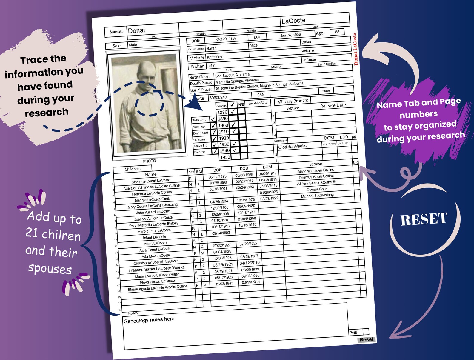 Family Tree Data Sheet Fillable PDF - Etsy