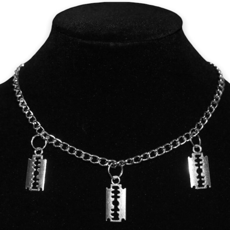 Triple Razor Blade Charm Chain Necklace Etsy