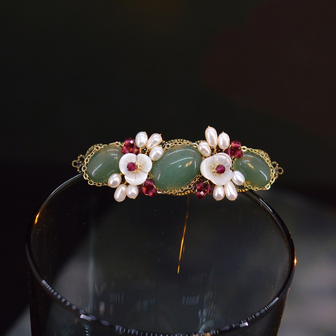 Natural Jade Crystal Barrette,handmade Pearl Beaded Hair Clips,retro