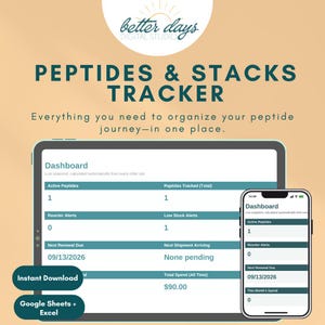 May include: A digital Peptides & Stacks Tracker dashboard displayed on a tablet and smartphone screen. The interface features dark teal headers and text on a light background, showing data fields for active peptides, reorder alerts, and total spend.