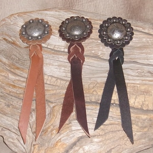 1 new Antique Silver Berry Pico Concho with Leather Rosette and Leather Lace Strap, for tack, saddle bags, purses.... G&E Leather