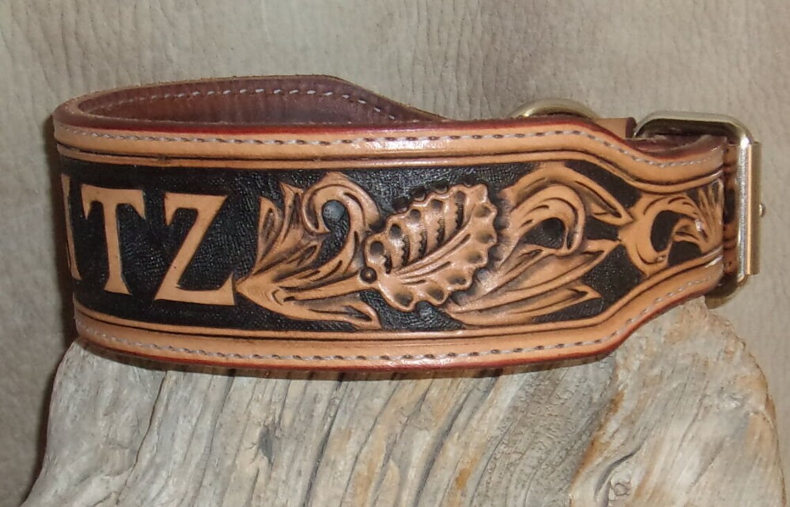 Custom Saddle Tan Leather Dog Collar 2 wide Hand Tooled Etsy