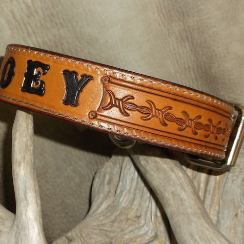 Custom Leather Dog Collar 1 1/4" Wide, Barbed Wire Tooling. Personalized With your Dogs Name. G&E