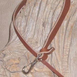 May include: A brown leather dog leash with a silver-colored metal clasp. The leash is looped and attached to a wooden object with a natural, weathered appearance. The leather appears to be of high quality.