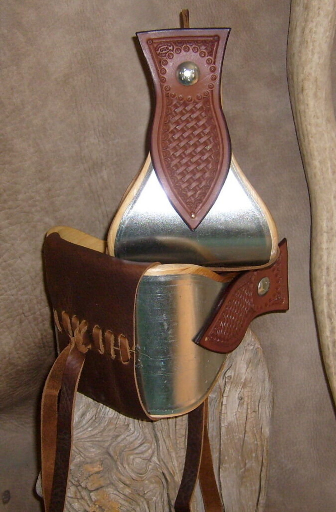 Custom Bell Stirrups for Saddle, Brown or Tan Leather Side Shields With