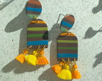 Retro earrings with | stripes Pompons| Colorful| Light | Handmade