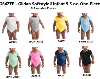 May include: Eight infant onesies in different colors, including white, sport grey, daisy yellow, light blue, mint green, azalea pink, navy blue, and black. The onesies are made by Gildan Softstyle and are 5.5 ounces.