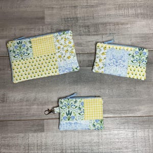 Cottagecore Patchwork Zipper Pouch Set, Yellow & Blue Floral Makeup Bags, Quilted Cosmetic Organizer, Handmade Gift for Her