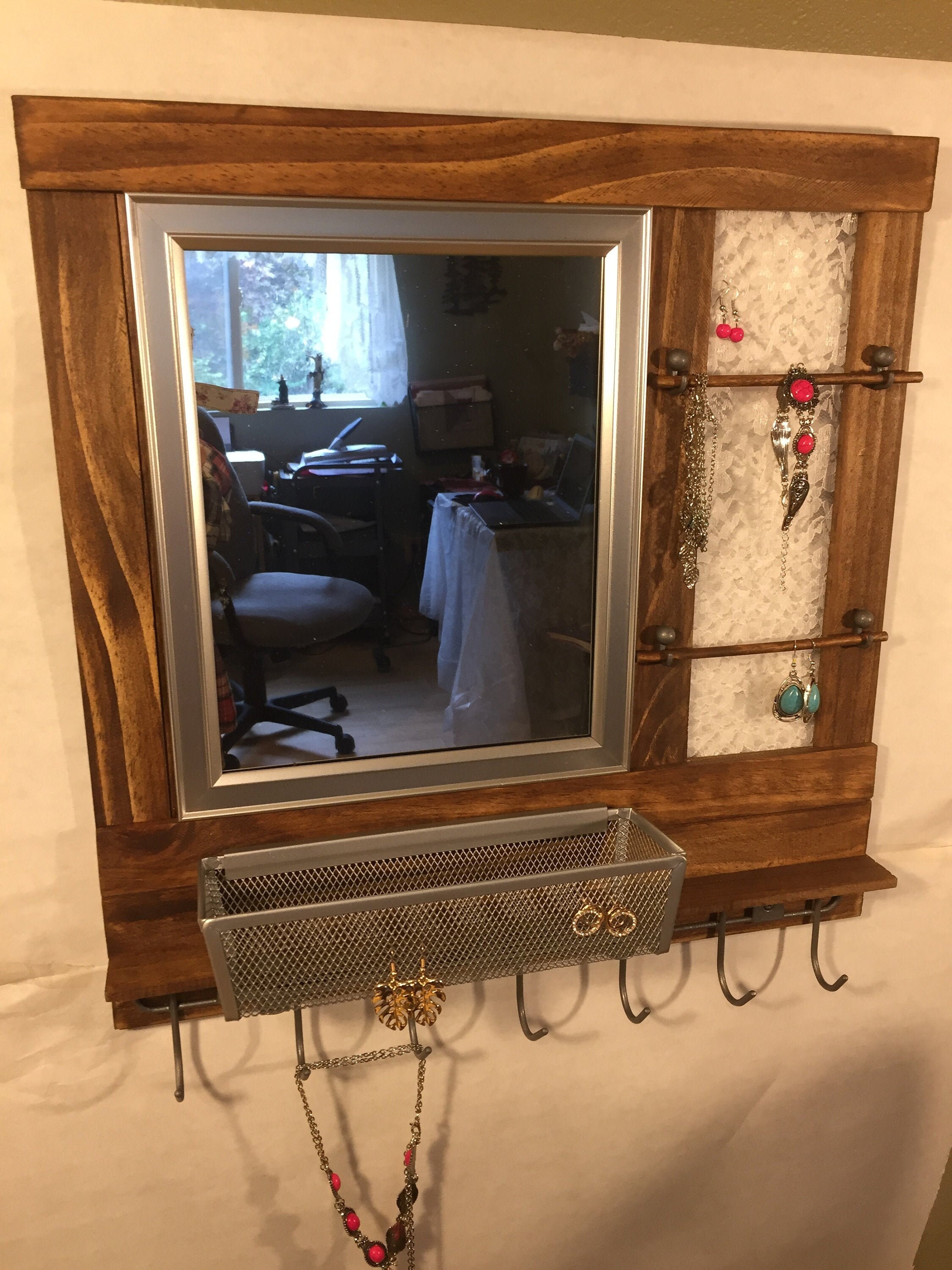 Wall hanging wood jewelry display with white lace and silver Etsy