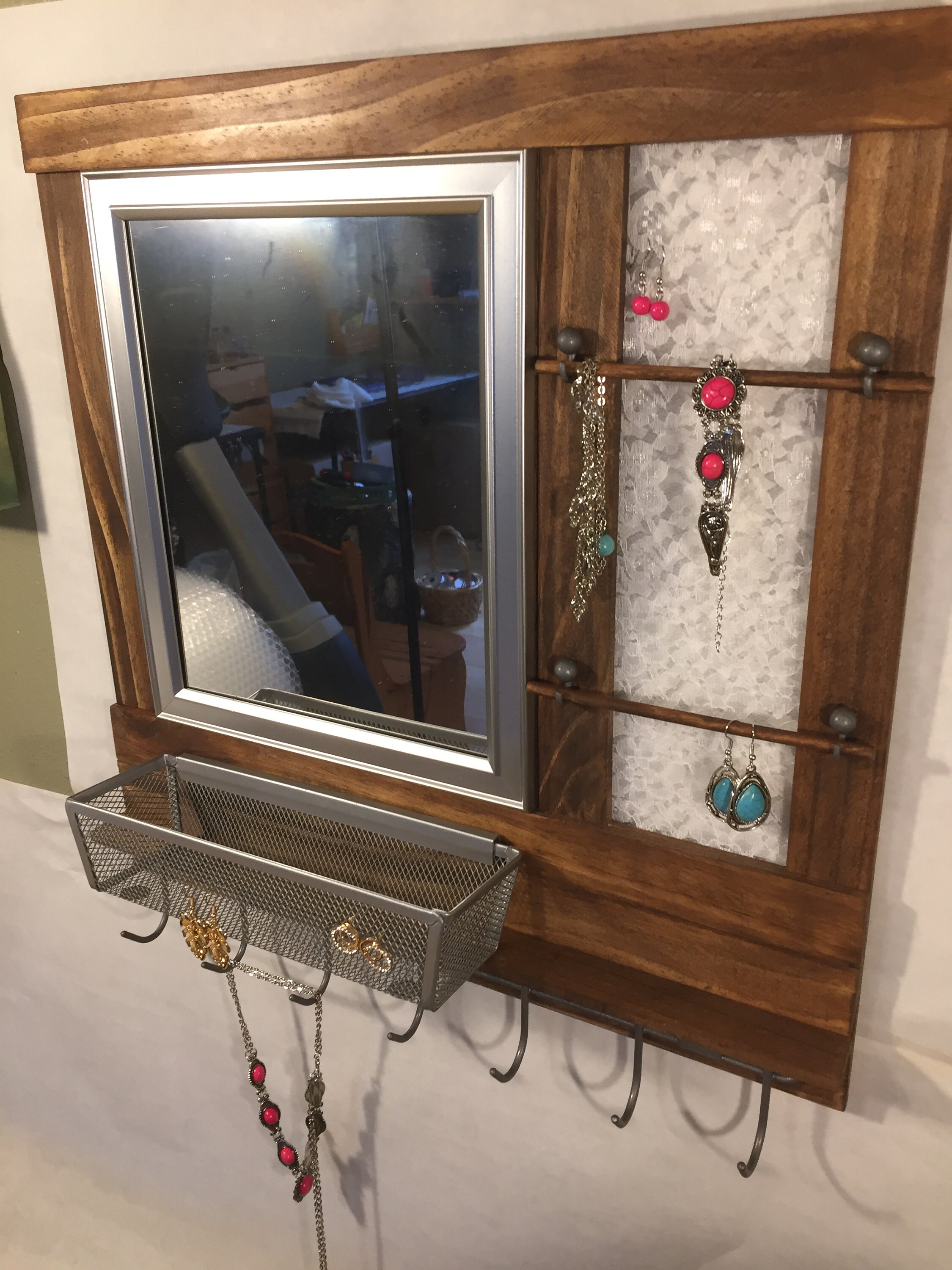 Wall hanging wood jewelry display with white lace and silver Etsy