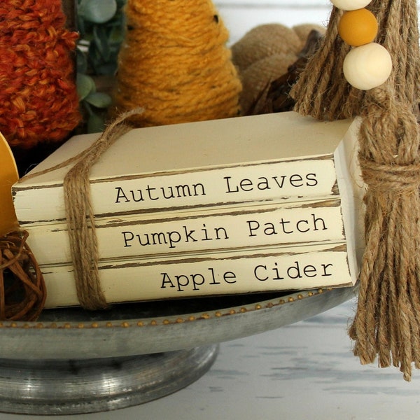 Fall Book Stack Rustic Farmhouse Bookstack Modern Tiered Tray Decor Autumn Leaves Pumpkin Patch Apple Cider mantle coffee table shelf decor