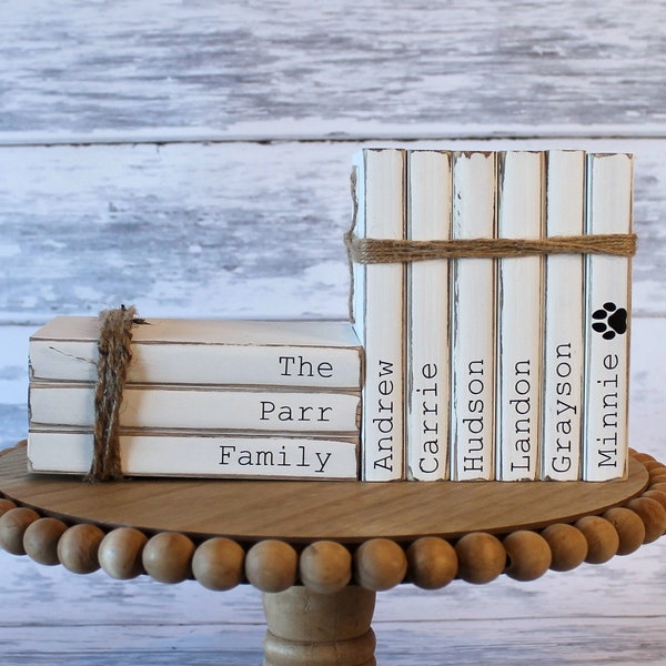 Personalized Books Decor - Family Names Bookstack Rustic Farmhouse Tiered Tray Kids Names Children Grandkids Pets Grandparent Mother's Day