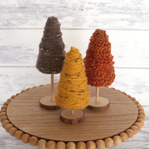 Fall Farmhouse Trees Tiered Tray Decor Set of 3 modern rustic yarn wood trees brown orange mustard yellow coffee table mantle shelf