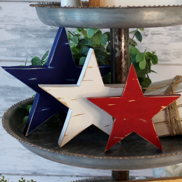 4th of July Stars- Patriotic Tiered Tray Decor wood stars Independence Day Fourth USA mantle wall shelf coffee table decor red white blue