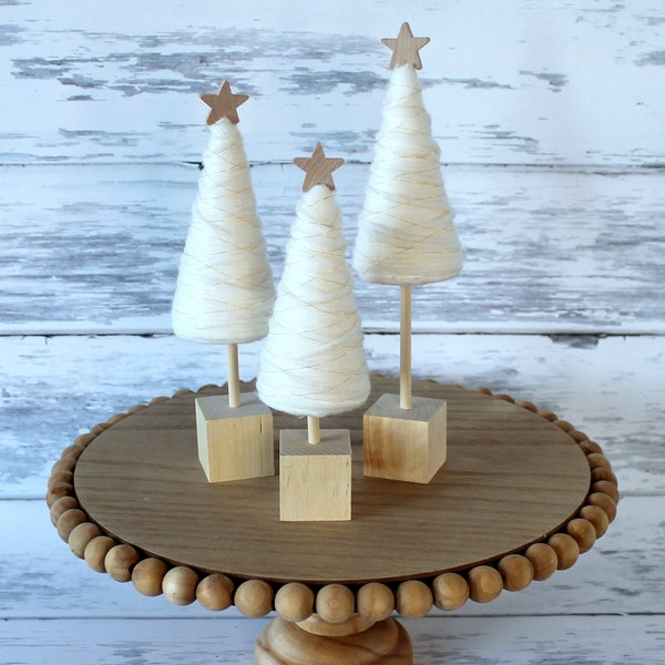Winter Yarn Trees Farmhouse Tiered Tray Set of 3 Modern Rustic Christmas Holiday Nativity set coffee table mantle shelf tabletop cream gold