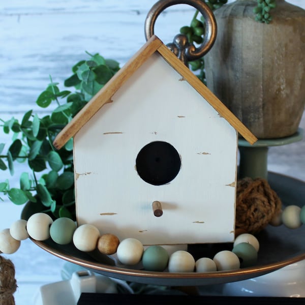 Spring Easter Birdhouse Tiered Tray Decor Farmhouse Easter Spring Decor rustic wood birdhouse sage green white coffee table bar mantle shelf