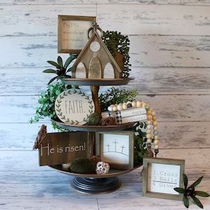 Easter Tiered Tray Christian Decor Farmhouse Rustic Church He is Risen Jesus Religious Faith Book Stack Bead Garland Three Crosses Forgiven