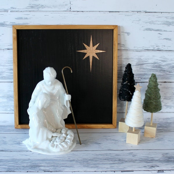 Christmas Nativity Backdrop 14x14 Frame Sign Gold Star of Bethlehem Modern Farmhouse Religious Decor 14x14 stack mantle wall art black shelf