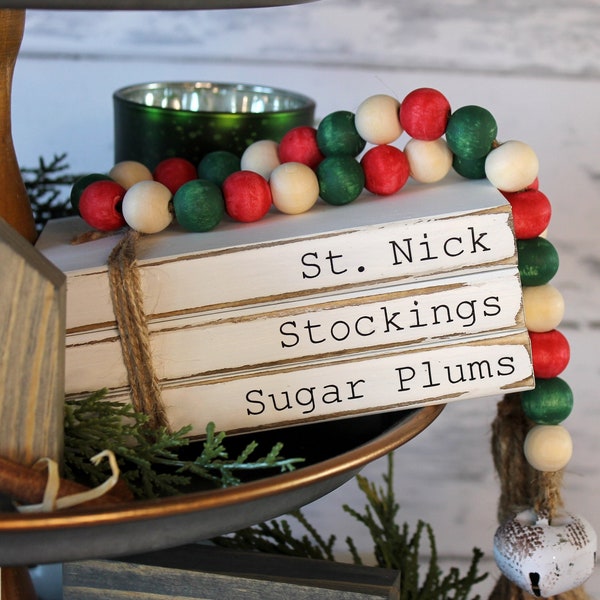 Christmas Bead Garland Farmhouse Tiered Tray rustic Winter Holiday Merry & Bright red green natural jingle bell shelf coffee table mantle