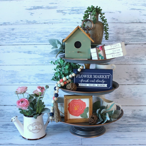 Spring Decor Farmhouse Tiered Tray Decor Mother's Day gift Flower Market sign flower sign book stack bead garland birdhouse navy coral aqua
