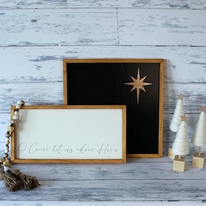 Christmas Come Let Us Adore Him Framed Signs Nativity Backdrop Star Yarn Trees Modern Farmhouse Decor Religious 8x16 14x14 mantle black gold