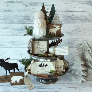 Winter Ski Lodge Farmhouse Tiered Tray Decor Personalized Wood Sign Rustic Book Stack Snowflake Christmas Garland Gnome knit hat Bear Moose