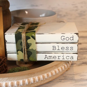 God Bless America Bookstack Military Decor - Tiered Tray Camo Memorial Day Veteran Active Service Retirement Fallen Soldier patriotic USA