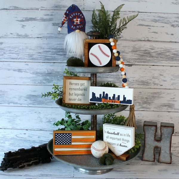 Houston Astros Decor - Tiered Tray Stros Gnome Baseball Bats Flag Home Plate sign Baseball Houston cityscape Babe Ruth quote Bead Garland