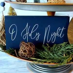 Christmas O Holy Night Farmhouse Wood Sign Tiered Tray Nativity set rustic Winter Holiday shelf coffee table mantle decor navy religious
