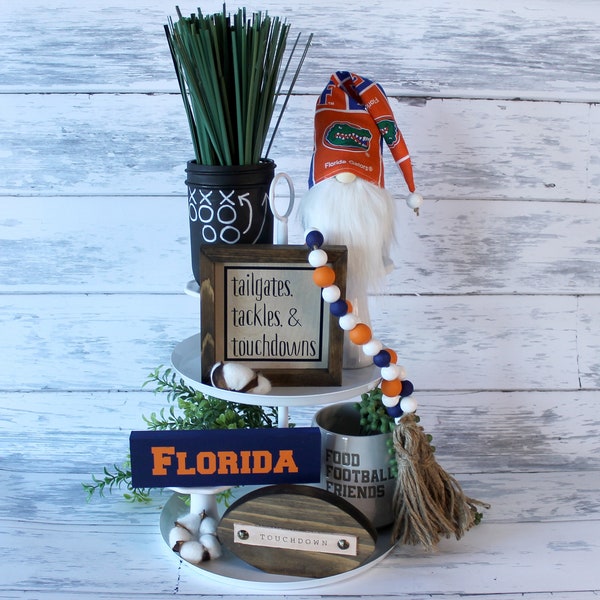 Florida Gators Decor Set  Tiered Tray Florida Gators Gnome Tailgates Tackles and Touchdowns sign Football sign Bead Garland Shelf Wall Decor