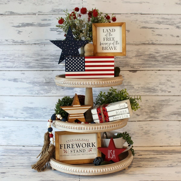 4th of July Decor - Patriotic Tiered Tray Decor Independence Day July 4th wood stars USA fireworks bookstack American Flag Land Free Brave