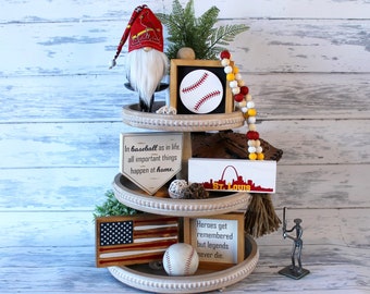 St. Louis Cardinals Decor - Tiered Tray Cards Gnome Baseball Bats Flag Home Plate Baseball St Louis cityscape Babe Ruth quote Bead Garland