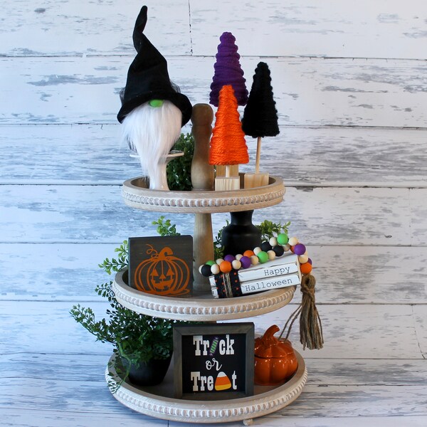 Halloween Tier Tray Decor - Wizard Gnome Purple Black Orange Yarn Trees Trick or Treat sign Pumpkin Jack-O-Lantern Bead Garland Bookstack