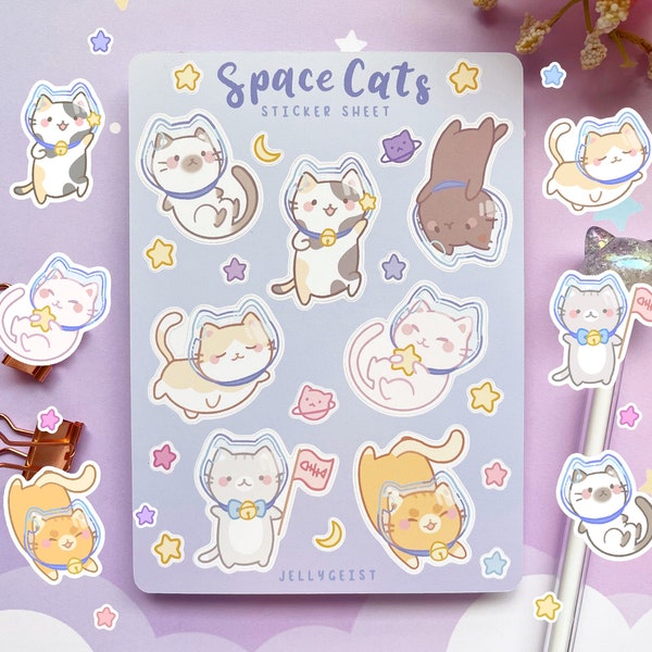 Space Cats Sticker Sheet | Cute for Planners Bullet Journal Notebook or Scrapbook