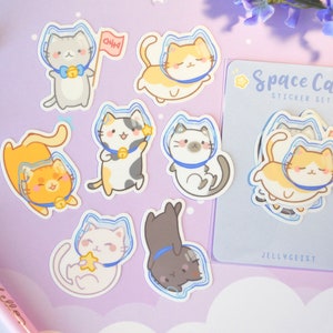 Space Cats Sticker Pack | Set of 7 Stickers | Weatherproof Glossy Vinyl | Cute for Laptop iPad Bullet Journal Water bottle or Phone