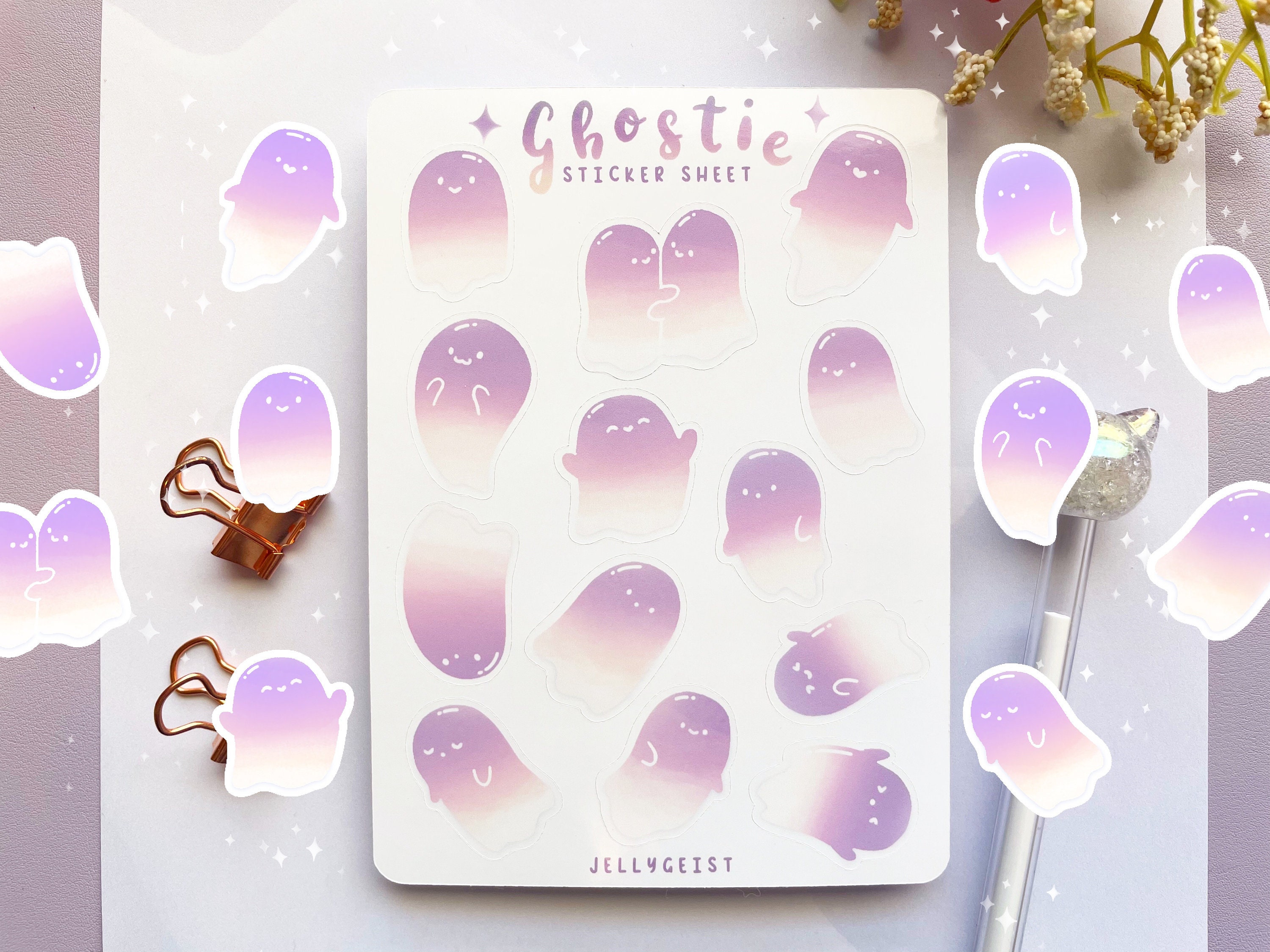 Cute Ghost GOLD FOIL journaling sticker sheet - translucent stickers -  Ghostie Garden Collection