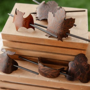 Handcrafted Leather Hair Barrette with Wooden Stick - Feather, Moth, Bat, Leaf,