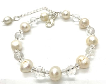 Natural Cultured Freshwater Pearl & Swarovski Crystal Memory Wire Bracelet Feminine Statement Gift For Women and Girls