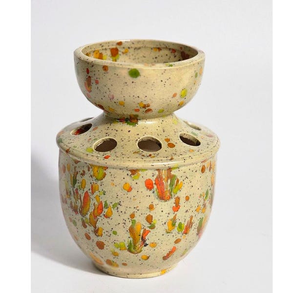 Vintage MCM pottery flower planter pen or paint brush holder splatter glaze