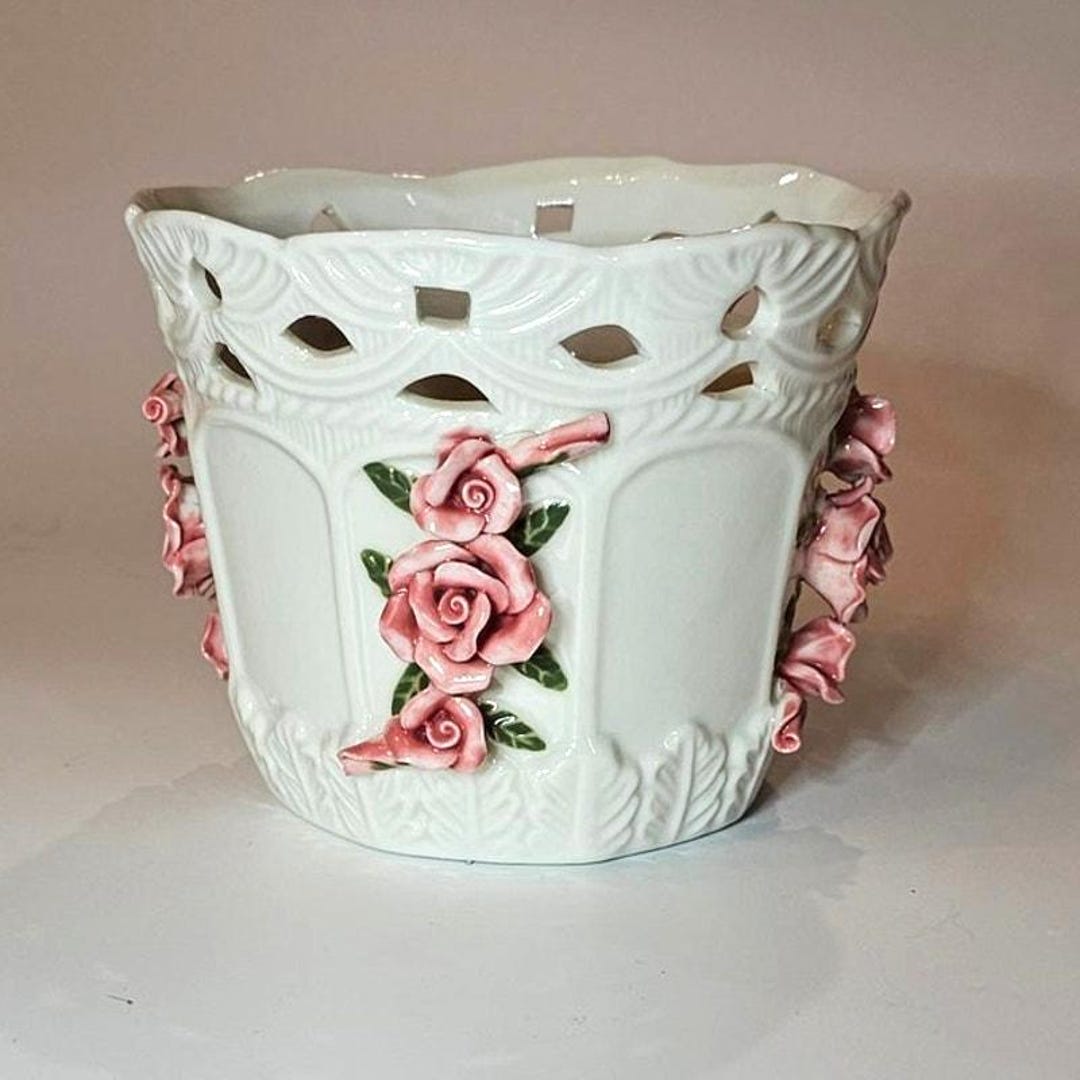 Vintage 80s Bloom Rite Planter Container White Pink 3D Roses Coquette ...