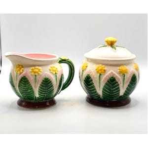 Vintage Floral Ceramic Creamer and Sugar Bowl Set Hand Painted in SF Floral Cottage 1970s
