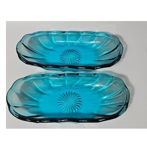 Vintage Anchor Hocking Fontänglas Isblå Glas Banana Split Tallrikar - Set om 2